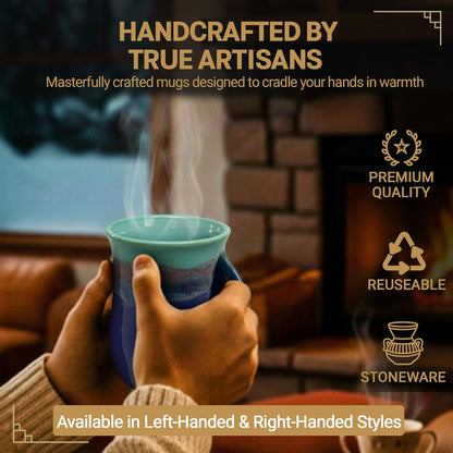 Hand Warmer Coffee Mug – Handmade Coffee Mug With Comfortable Handle Contoured Pocket Hand Warming Ceramic Coffee Mug – Proudly Made in USA – Right Handed – 14 Oz - Cobalt Canyon