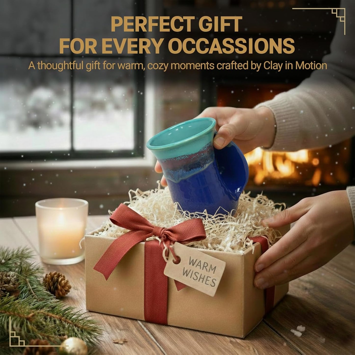 Hand Warmer Coffee Mug – Handmade Coffee Mug With Comfortable Handle Contoured Pocket Hand Warming Ceramic Coffee Mug – Proudly Made in USA – Right Handed – 14 Oz - Cobalt Canyon