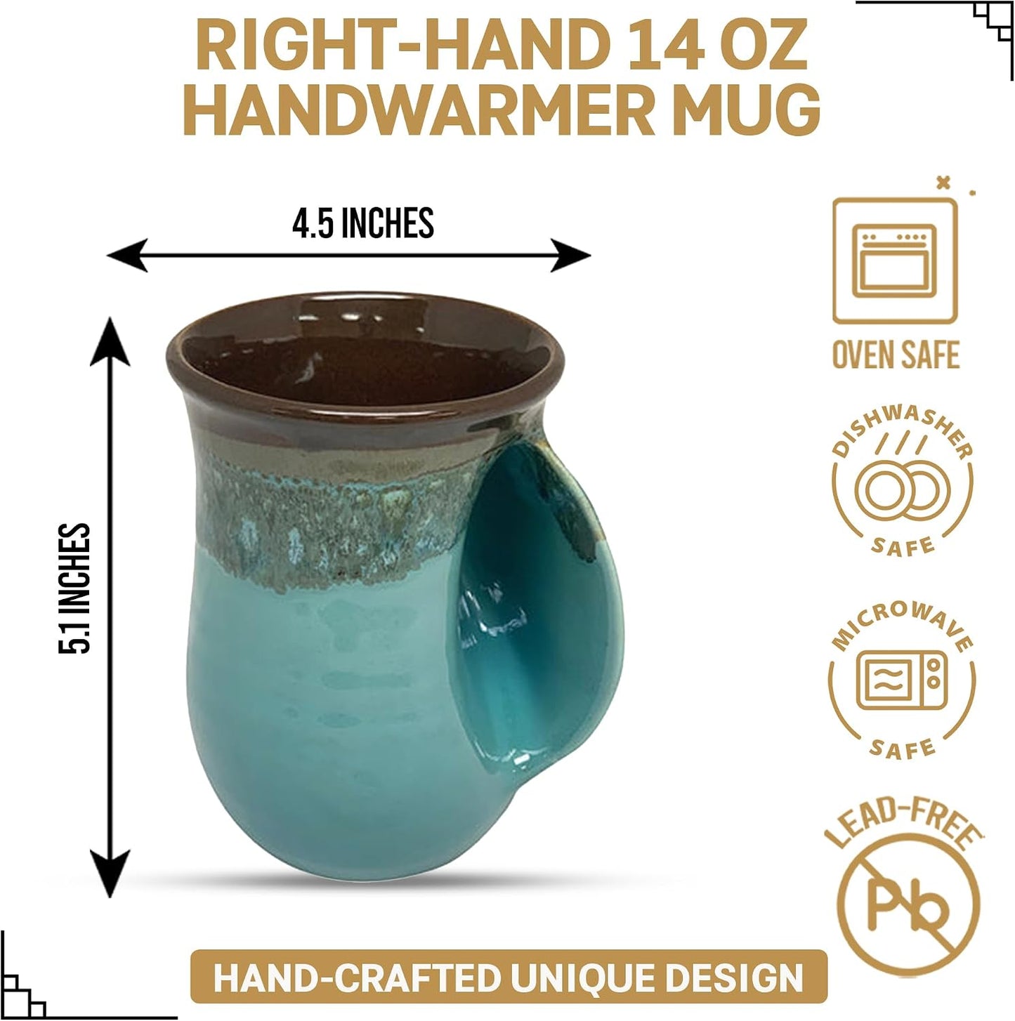 Hand Warmer Coffee Mug – Handmade Coffee Mug With Comfortable Handle Contoured Pocket Hand Warming Ceramic Coffee Mug – Proudly Made in USA – Right Handed – 14 Oz - Cobalt Canyon
