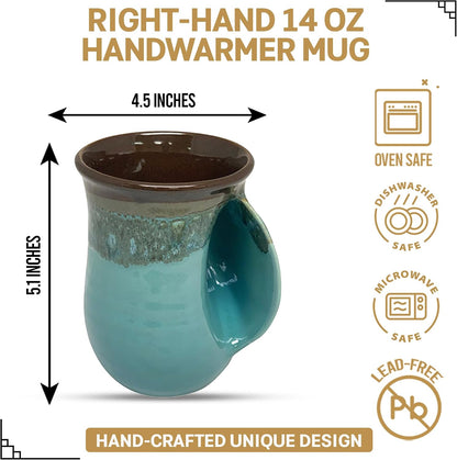 Hand Warmer Coffee Mug – Handmade Coffee Mug With Comfortable Handle Contoured Pocket Hand Warming Ceramic Coffee Mug – Proudly Made in USA – Right Handed – 14 Oz - Cobalt Canyon