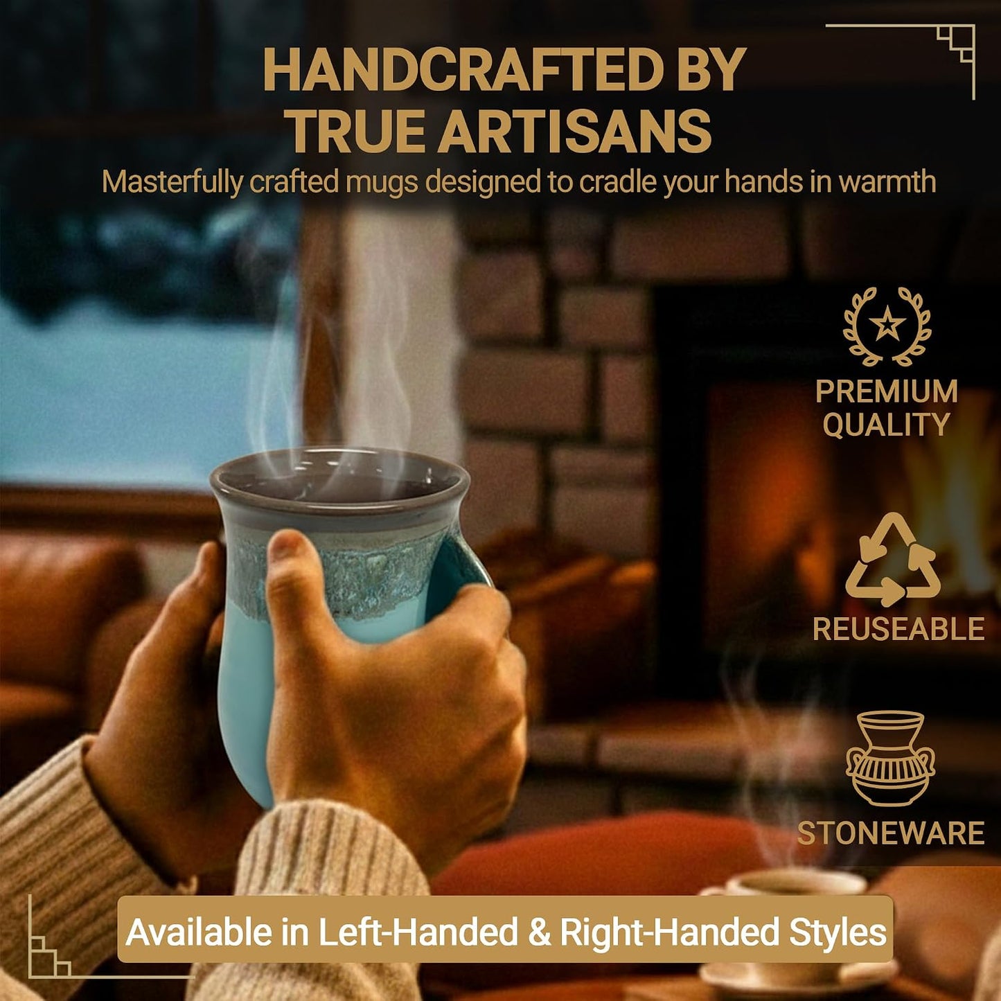 Hand Warmer Coffee Mug – Handmade Coffee Mug With Comfortable Handle Contoured Pocket Hand Warming Ceramic Coffee Mug – Proudly Made in USA – Right Handed – 14 Oz - Cobalt Canyon