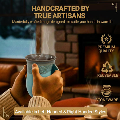 Hand Warmer Coffee Mug – Handmade Coffee Mug With Comfortable Handle Contoured Pocket Hand Warming Ceramic Coffee Mug – Proudly Made in USA – Right Handed – 14 Oz - Cobalt Canyon