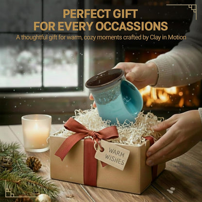 Hand Warmer Coffee Mug – Handmade Coffee Mug With Comfortable Handle Contoured Pocket Hand Warming Ceramic Coffee Mug – Proudly Made in USA – Right Handed – 14 Oz - Cobalt Canyon