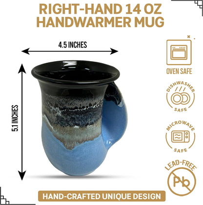 Hand Warmer Coffee Mug – Handmade Coffee Mug With Comfortable Handle Contoured Pocket Hand Warming Ceramic Coffee Mug – Proudly Made in USA – Right Handed – 14 Oz - Cobalt Canyon