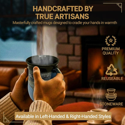 Hand Warmer Coffee Mug – Handmade Coffee Mug With Comfortable Handle Contoured Pocket Hand Warming Ceramic Coffee Mug – Proudly Made in USA – Right Handed – 14 Oz - Cobalt Canyon