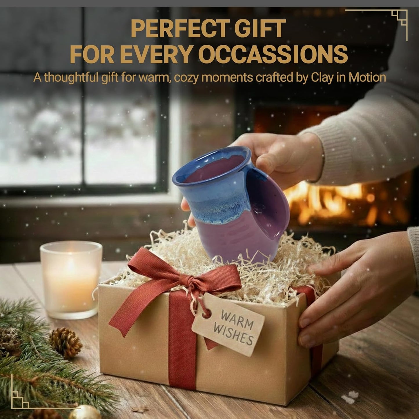 Hand Warmer Coffee Mug – Handmade Coffee Mug With Comfortable Handle Contoured Pocket Hand Warming Ceramic Coffee Mug – Proudly Made in USA – Right Handed – 14 Oz - Cobalt Canyon