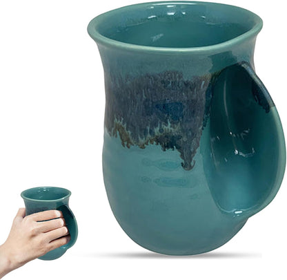 Hand Warmer Coffee Mug – Handmade Coffee Mug With Comfortable Handle Contoured Pocket Hand Warming Ceramic Coffee Mug – Proudly Made in USA – Right Handed – 14 Oz - Cobalt Canyon