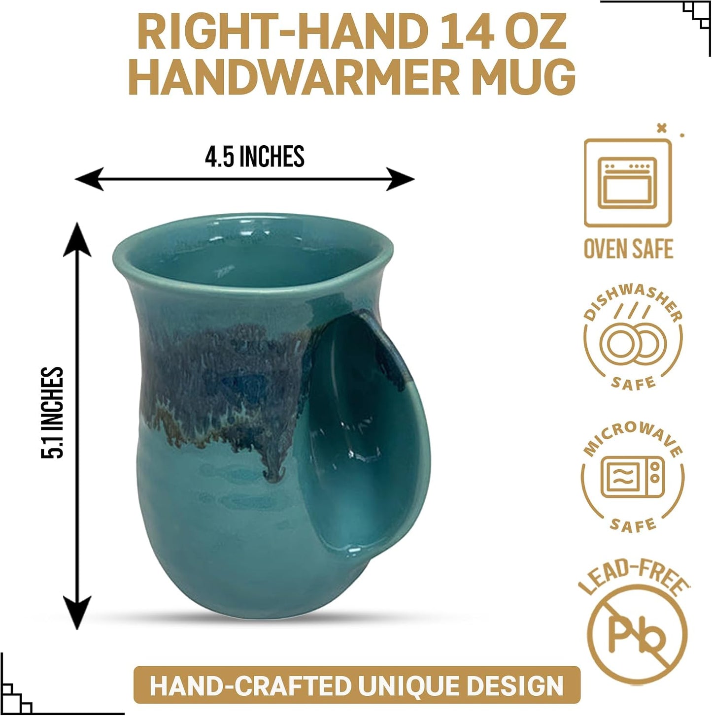 Hand Warmer Coffee Mug – Handmade Coffee Mug With Comfortable Handle Contoured Pocket Hand Warming Ceramic Coffee Mug – Proudly Made in USA – Right Handed – 14 Oz - Cobalt Canyon
