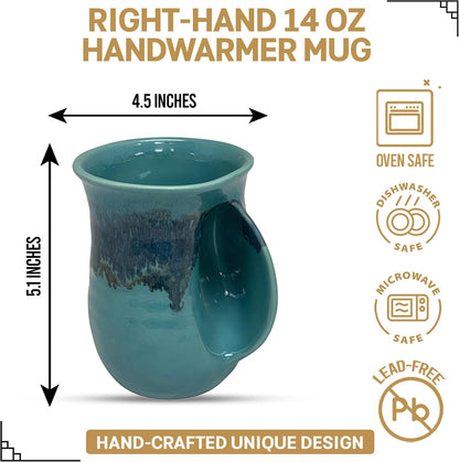 Hand Warmer Coffee Mug – Handmade Coffee Mug With Comfortable Handle Contoured Pocket Hand Warming Ceramic Coffee Mug – Proudly Made in USA – Right Handed – 14 Oz - Cobalt Canyon