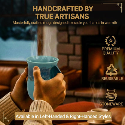 Hand Warmer Coffee Mug – Handmade Coffee Mug With Comfortable Handle Contoured Pocket Hand Warming Ceramic Coffee Mug – Proudly Made in USA – Right Handed – 14 Oz - Cobalt Canyon