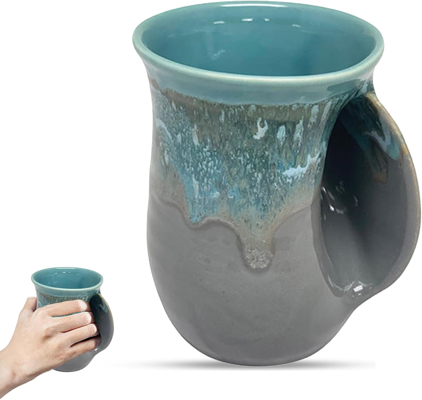 Hand Warmer Coffee Mug – Handmade Coffee Mug With Comfortable Handle Contoured Pocket Hand Warming Ceramic Coffee Mug – Proudly Made in USA – Right Handed – 14 Oz - Cobalt Canyon