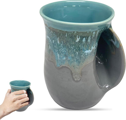 Hand Warmer Coffee Mug – Handmade Coffee Mug With Comfortable Handle Contoured Pocket Hand Warming Ceramic Coffee Mug – Proudly Made in USA – Right Handed – 14 Oz - Cobalt Canyon