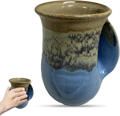 Hand Warmer Coffee Mug – Handmade Coffee Mug With Comfortable Handle Contoured Pocket Hand Warming Ceramic Coffee Mug – Proudly Made in USA – Right Handed – 14 Oz - Cobalt Canyon