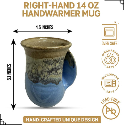 Hand Warmer Coffee Mug – Handmade Coffee Mug With Comfortable Handle Contoured Pocket Hand Warming Ceramic Coffee Mug – Proudly Made in USA – Right Handed – 14 Oz - Cobalt Canyon
