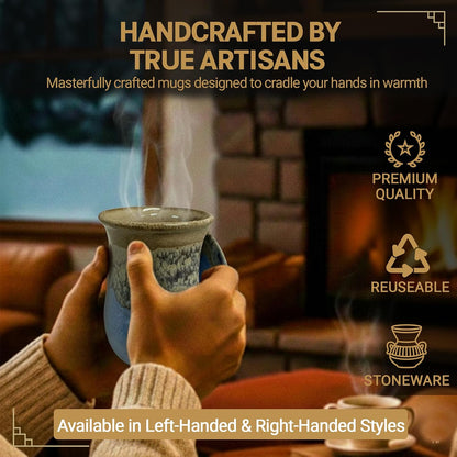 Hand Warmer Coffee Mug – Handmade Coffee Mug With Comfortable Handle Contoured Pocket Hand Warming Ceramic Coffee Mug – Proudly Made in USA – Right Handed – 14 Oz - Cobalt Canyon