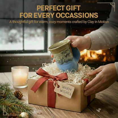 Hand Warmer Coffee Mug – Handmade Coffee Mug With Comfortable Handle Contoured Pocket Hand Warming Ceramic Coffee Mug – Proudly Made in USA – Right Handed – 14 Oz - Cobalt Canyon