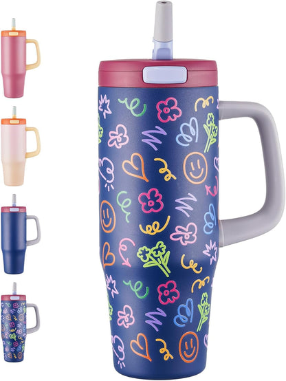 32 oz Tumbler with Handle, 304 Stainless Steel Insulated Water Bottle Keeps Cold 24 Hours, Water tumbler with flip straw, Insulated Coffee Mug, Travel Cup for Sports & Gifts, Honey Peach
