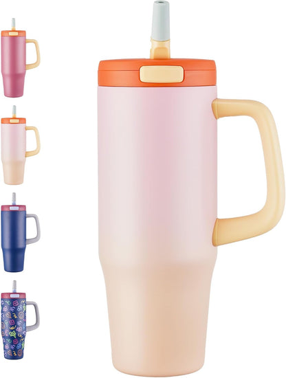 32 oz Tumbler with Handle, 304 Stainless Steel Insulated Water Bottle Keeps Cold 24 Hours, Water tumbler with flip straw, Insulated Coffee Mug, Travel Cup for Sports & Gifts, Honey Peach