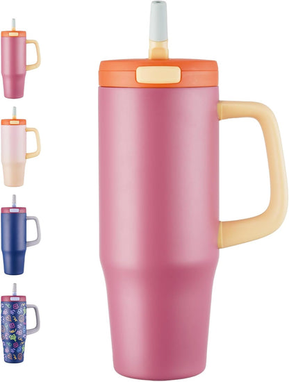 32 oz Tumbler with Handle, 304 Stainless Steel Insulated Water Bottle Keeps Cold 24 Hours, Water tumbler with flip straw, Insulated Coffee Mug, Travel Cup for Sports & Gifts, Honey Peach