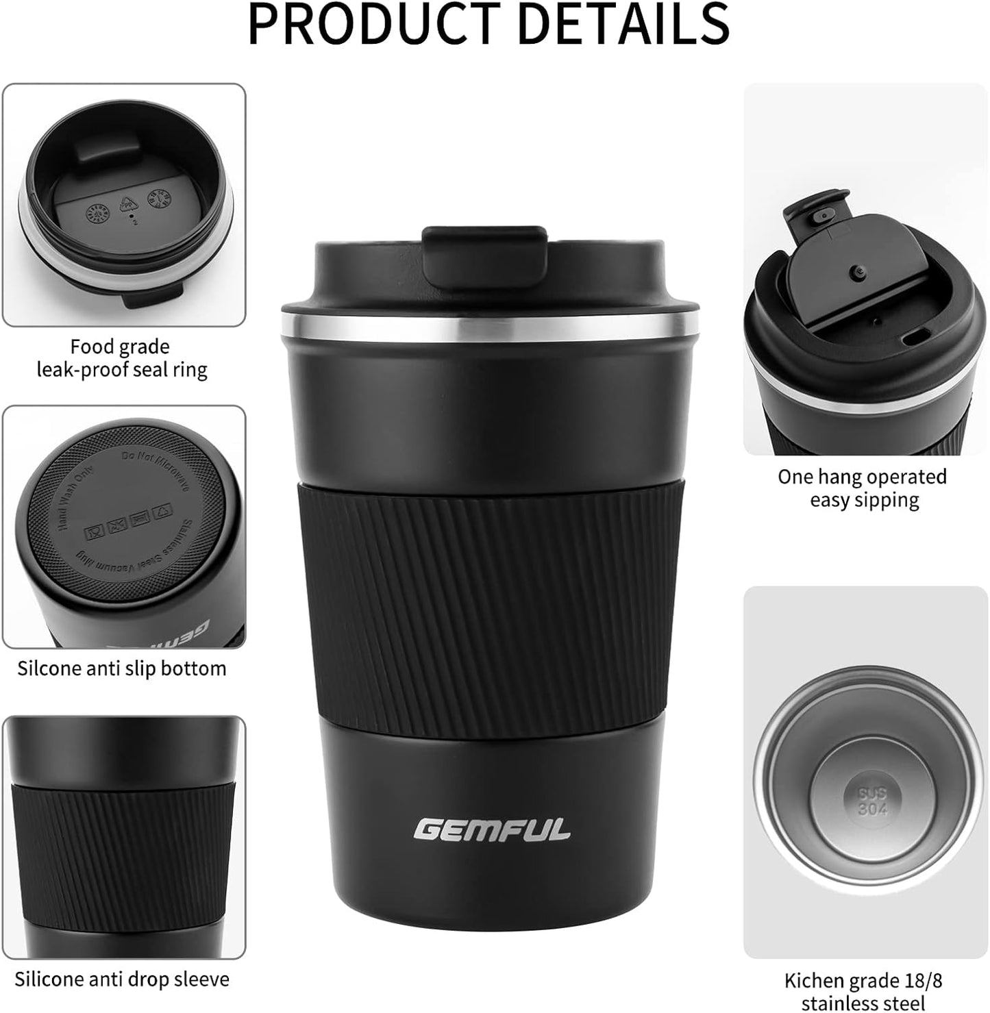 GEMFUL 13oz To Go Coffee Mug, Stainless Steel Insulated Tumbler (Black) | Vacuum-insulated Mug for Daily Commute, Durable Stainless Steel, Spill-proof Lid, BPA-free, Leak-proof, Keep Hot/Cold