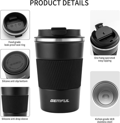 GEMFUL 13oz To Go Coffee Mug, Stainless Steel Insulated Tumbler (Black) | Vacuum-insulated Mug for Daily Commute, Durable Stainless Steel, Spill-proof Lid, BPA-free, Leak-proof, Keep Hot/Cold