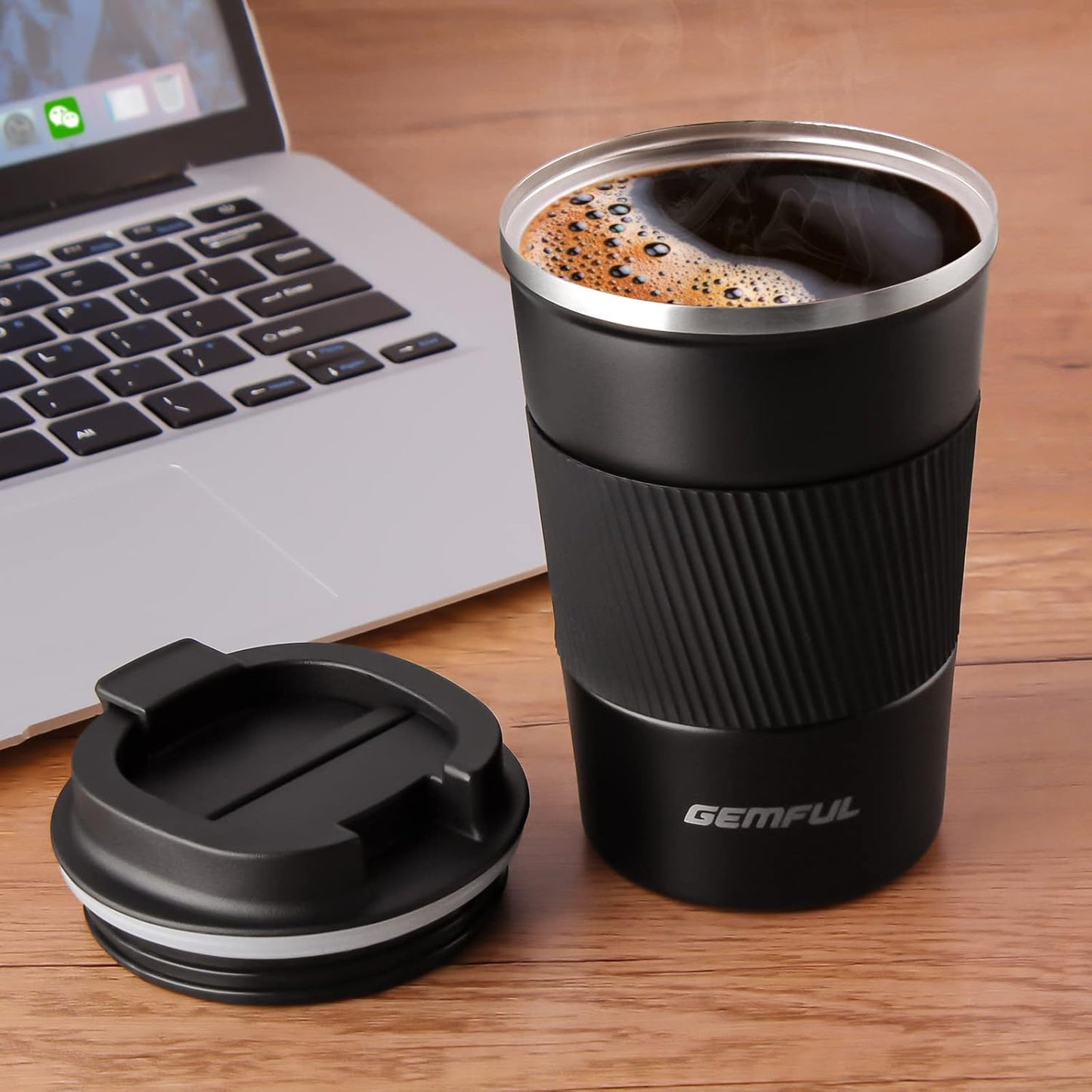 GEMFUL 13oz To Go Coffee Mug, Stainless Steel Insulated Tumbler (Black) | Vacuum-insulated Mug for Daily Commute, Durable Stainless Steel, Spill-proof Lid, BPA-free, Leak-proof, Keep Hot/Cold
