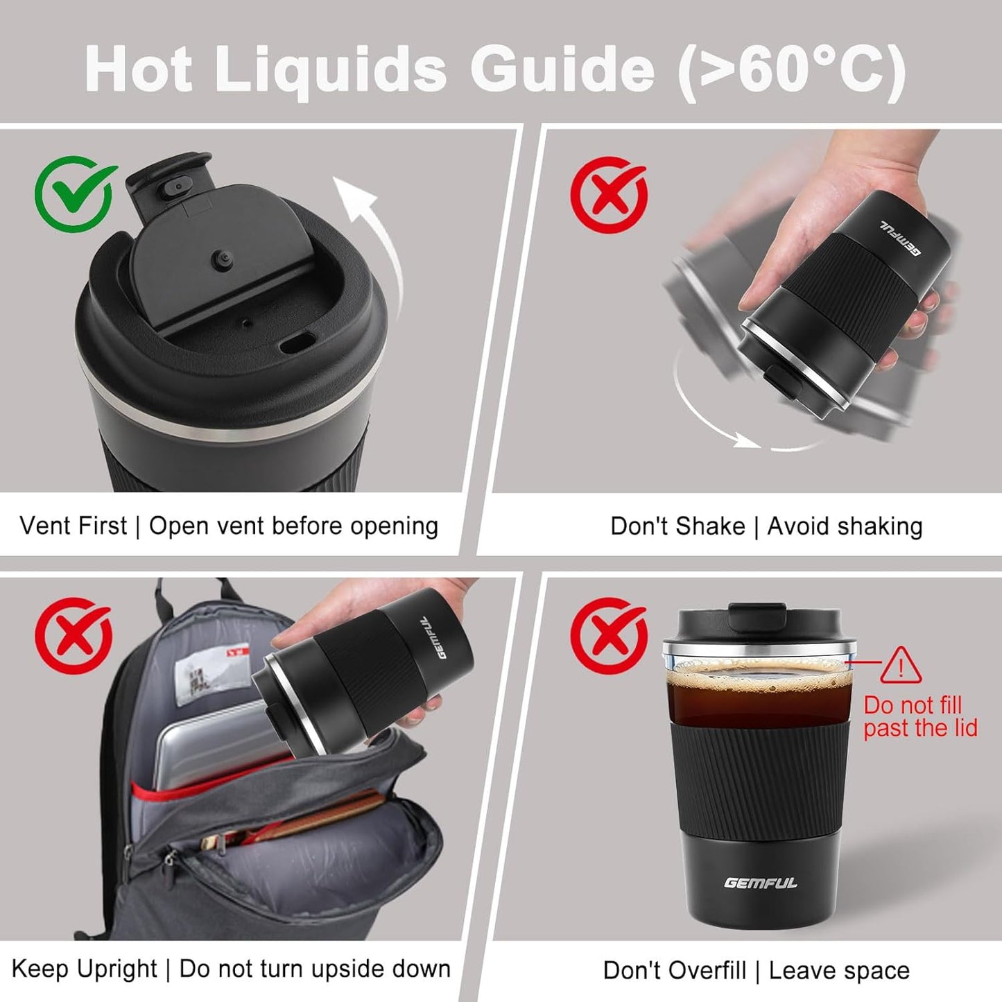 GEMFUL 13oz To Go Coffee Mug, Stainless Steel Insulated Tumbler (Black) | Vacuum-insulated Mug for Daily Commute, Durable Stainless Steel, Spill-proof Lid, BPA-free, Leak-proof, Keep Hot/Cold