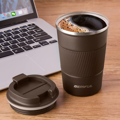 GEMFUL 13oz To Go Coffee Mug, Stainless Steel Insulated Tumbler (Black) | Vacuum-insulated Mug for Daily Commute, Durable Stainless Steel, Spill-proof Lid, BPA-free, Leak-proof, Keep Hot/Cold
