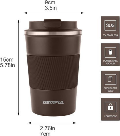 GEMFUL 13oz To Go Coffee Mug, Stainless Steel Insulated Tumbler (Black) | Vacuum-insulated Mug for Daily Commute, Durable Stainless Steel, Spill-proof Lid, BPA-free, Leak-proof, Keep Hot/Cold