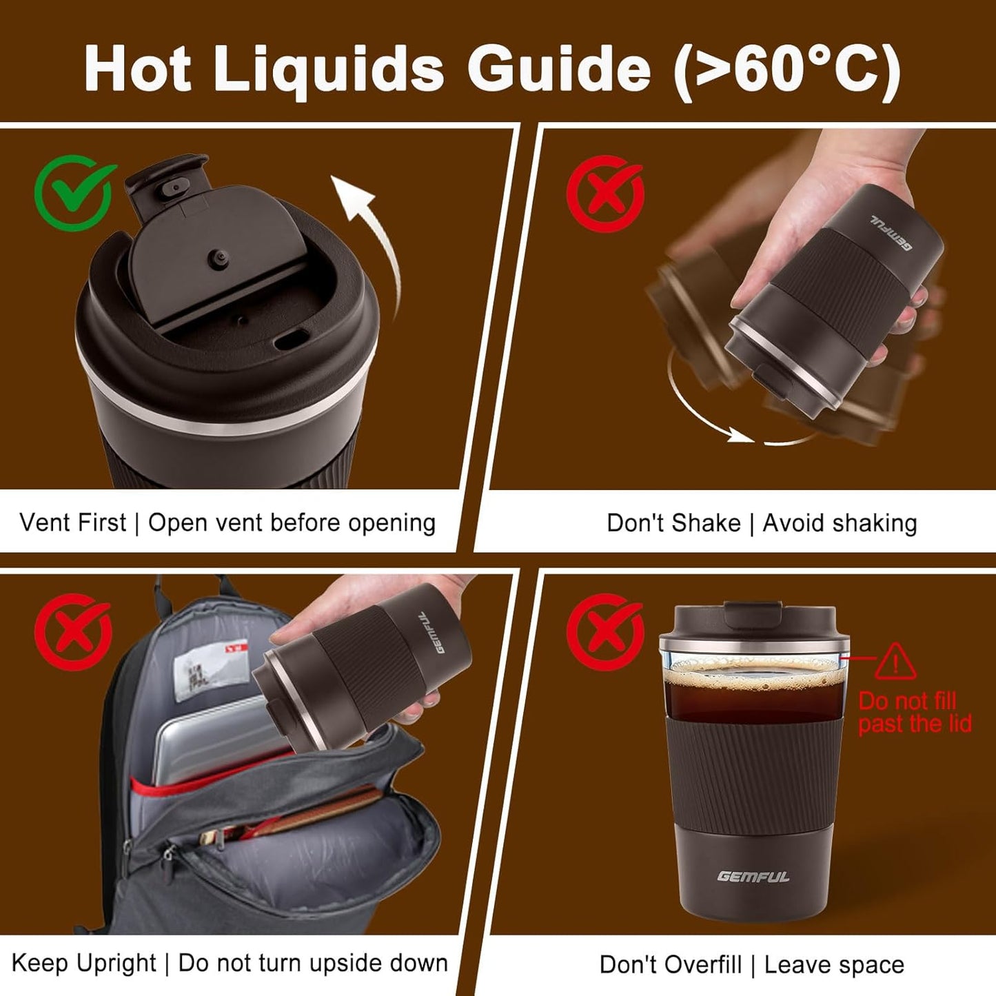 GEMFUL 13oz To Go Coffee Mug, Stainless Steel Insulated Tumbler (Black) | Vacuum-insulated Mug for Daily Commute, Durable Stainless Steel, Spill-proof Lid, BPA-free, Leak-proof, Keep Hot/Cold