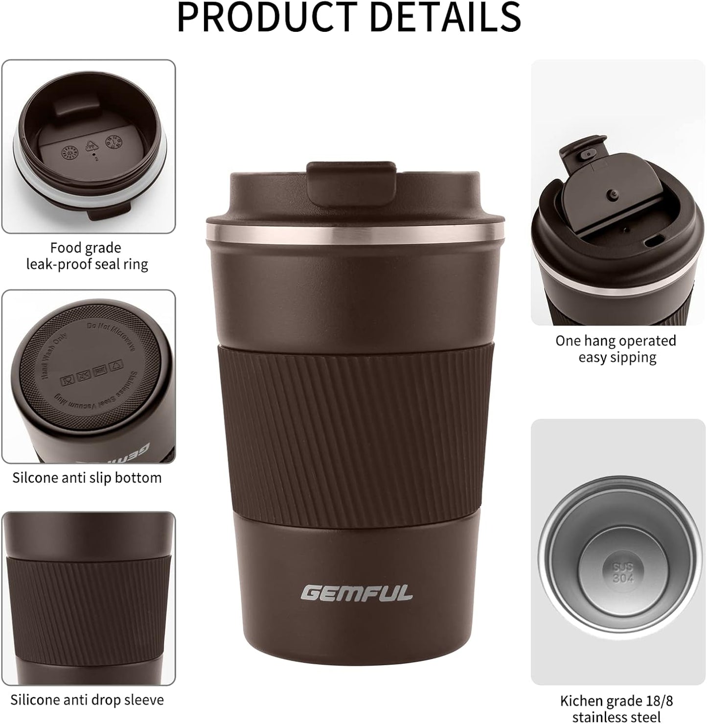 GEMFUL 13oz To Go Coffee Mug, Stainless Steel Insulated Tumbler (Black) | Vacuum-insulated Mug for Daily Commute, Durable Stainless Steel, Spill-proof Lid, BPA-free, Leak-proof, Keep Hot/Cold