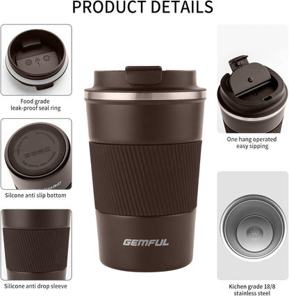 GEMFUL 13oz To Go Coffee Mug, Stainless Steel Insulated Tumbler (Black) | Vacuum-insulated Mug for Daily Commute, Durable Stainless Steel, Spill-proof Lid, BPA-free, Leak-proof, Keep Hot/Cold