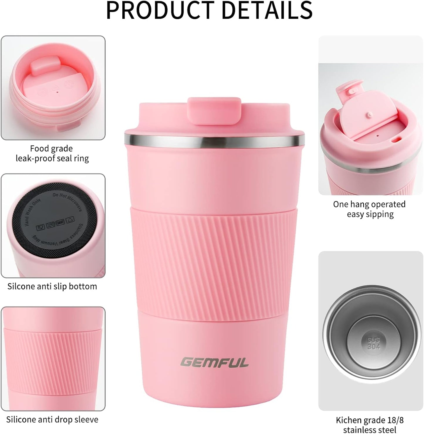 GEMFUL 13oz To Go Coffee Mug, Stainless Steel Insulated Tumbler (Black) | Vacuum-insulated Mug for Daily Commute, Durable Stainless Steel, Spill-proof Lid, BPA-free, Leak-proof, Keep Hot/Cold