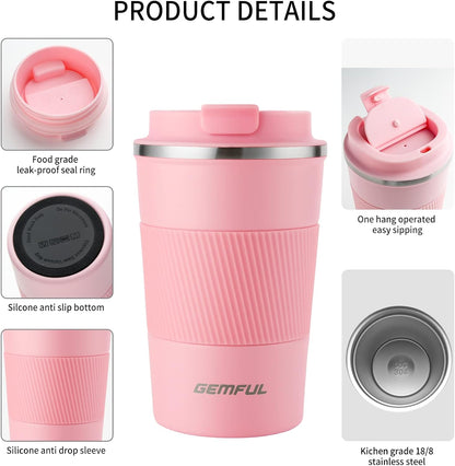 GEMFUL 13oz To Go Coffee Mug, Stainless Steel Insulated Tumbler (Black) | Vacuum-insulated Mug for Daily Commute, Durable Stainless Steel, Spill-proof Lid, BPA-free, Leak-proof, Keep Hot/Cold