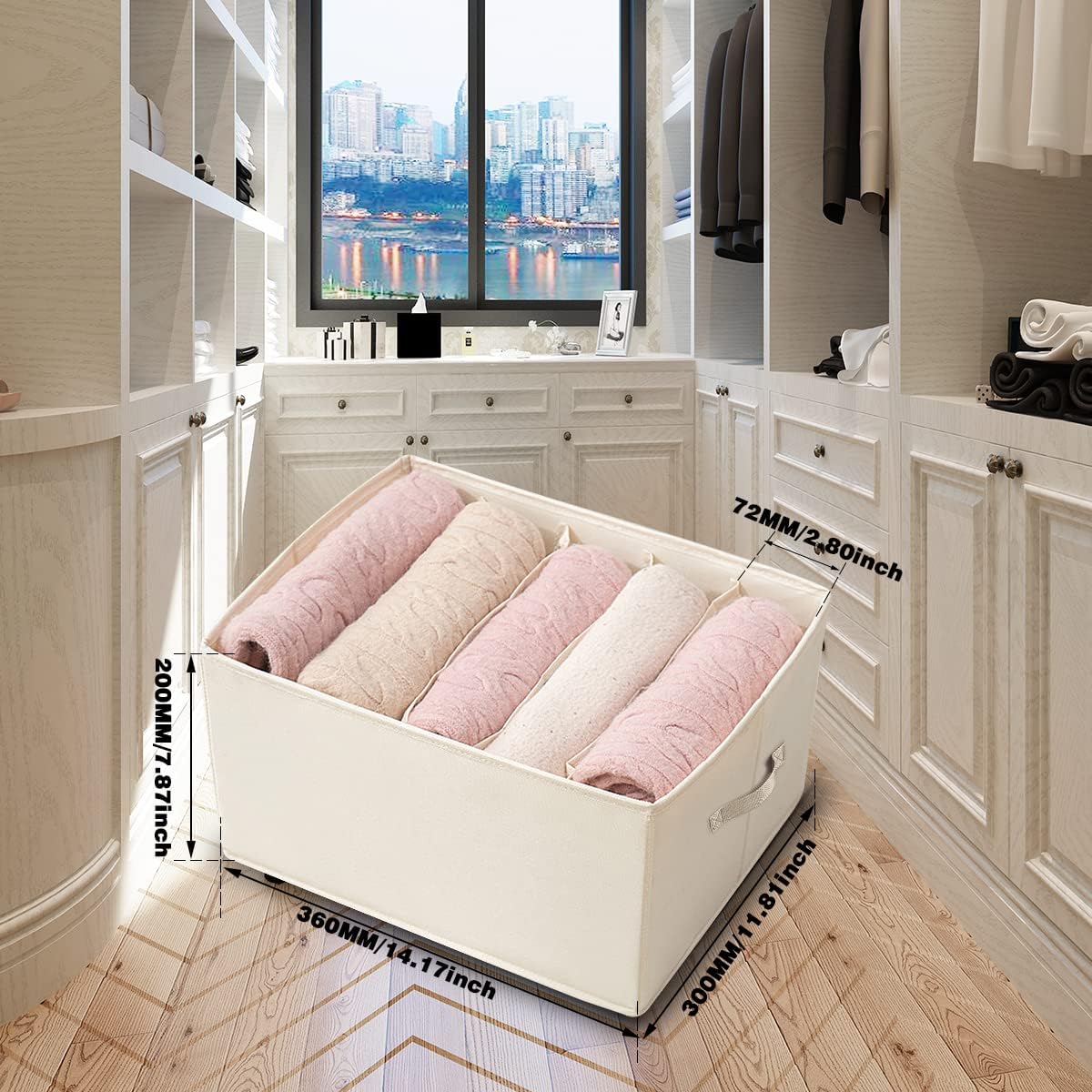 2 Packs Wardrobe Clothes Organizer, Foldable Closet Organizers Extra large 5 Grids Fabric Drawer Dividers with Double Handles for Jeans, Clothes, Pants, Sweaters, T-Shirts (Cream)