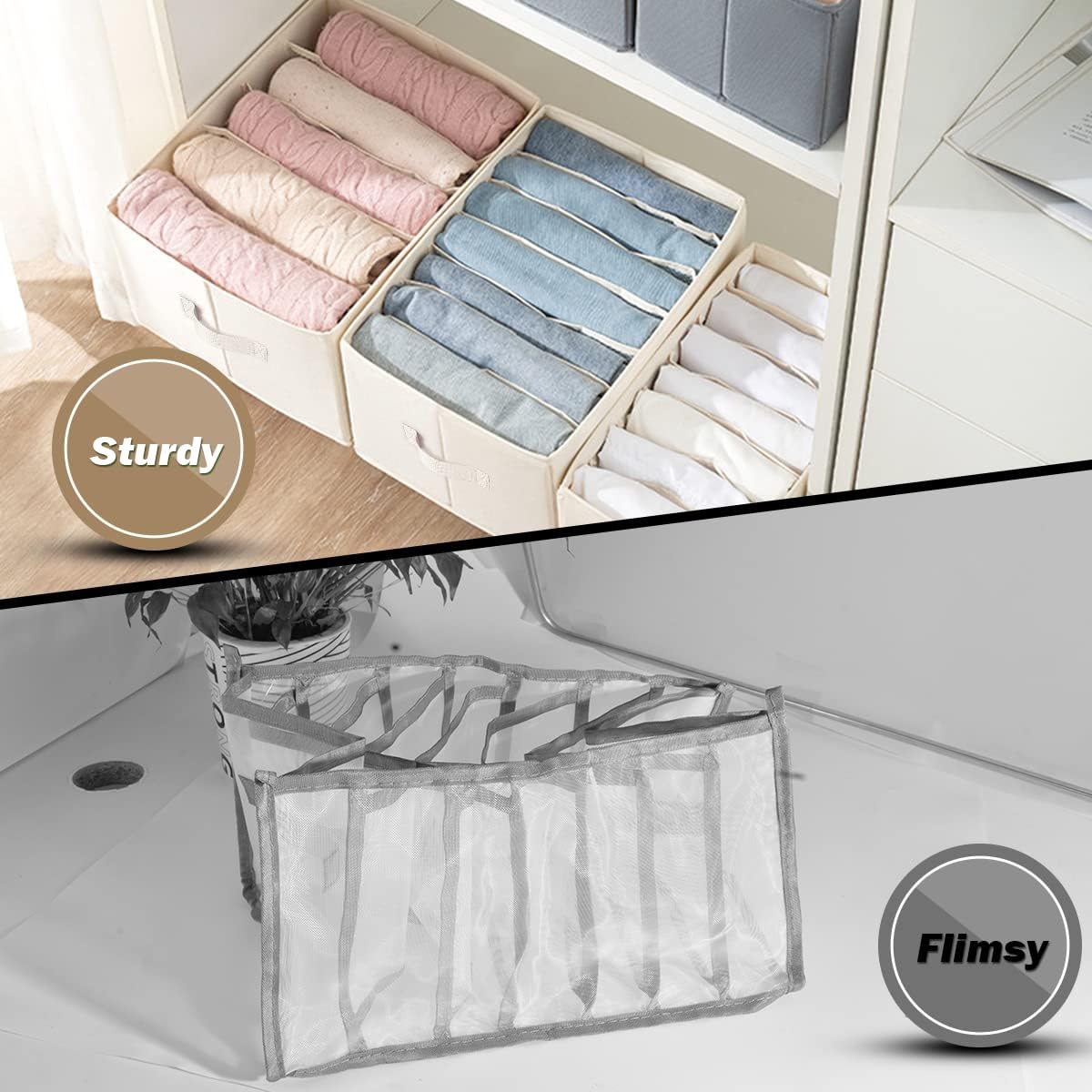 2 Packs Wardrobe Clothes Organizer, Foldable Closet Organizers Extra large 5 Grids Fabric Drawer Dividers with Double Handles for Jeans, Clothes, Pants, Sweaters, T-Shirts (Cream)