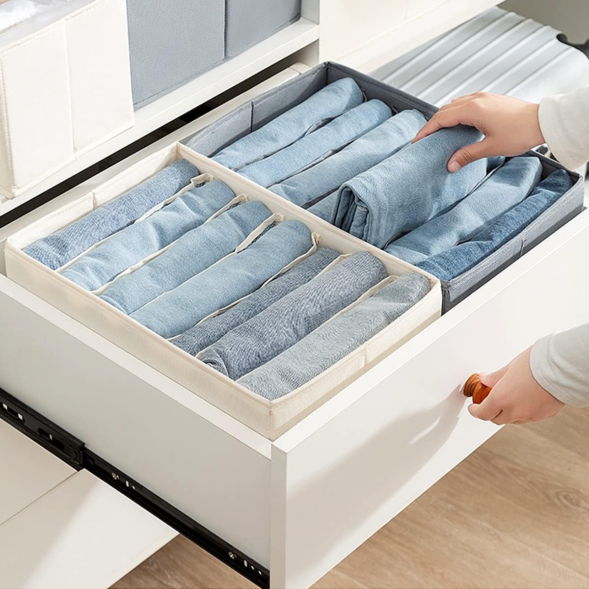 2 Packs Wardrobe Clothes Organizer, Foldable Closet Organizers Extra large 5 Grids Fabric Drawer Dividers with Double Handles for Jeans, Clothes, Pants, Sweaters, T-Shirts (Cream)