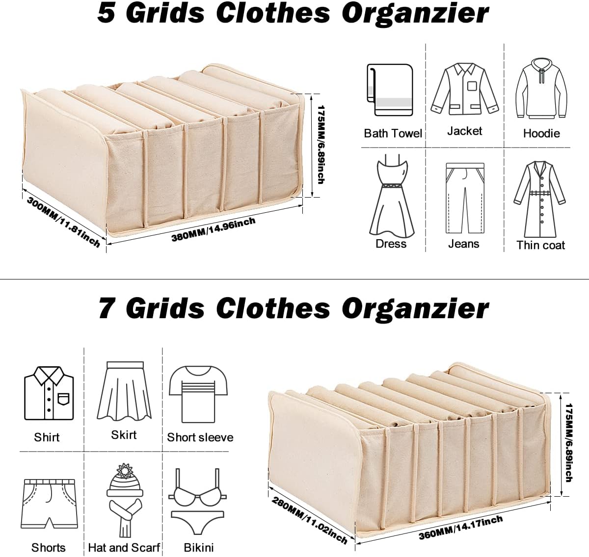 2 Packs Wardrobe Clothes Organizer, Foldable Closet Organizers Extra large 5 Grids Fabric Drawer Dividers with Double Handles for Jeans, Clothes, Pants, Sweaters, T-Shirts (Cream)