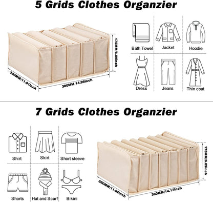 2 Packs Wardrobe Clothes Organizer, Foldable Closet Organizers Extra large 5 Grids Fabric Drawer Dividers with Double Handles for Jeans, Clothes, Pants, Sweaters, T-Shirts (Cream)