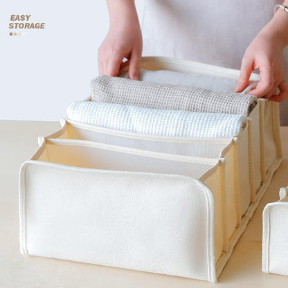 2 Packs Wardrobe Clothes Organizer, Foldable Closet Organizers Extra large 5 Grids Fabric Drawer Dividers with Double Handles for Jeans, Clothes, Pants, Sweaters, T-Shirts (Cream)