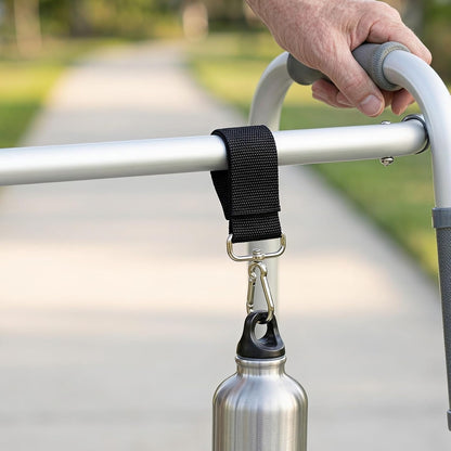 2pcs Heavy-Duty Walking Aid Accessories with Thickened Metal Arm and Antislip Silicone Pad, Black Nylon Clips for Wheelchairs and Shopping Carts, Space-Saving Design for Elderly