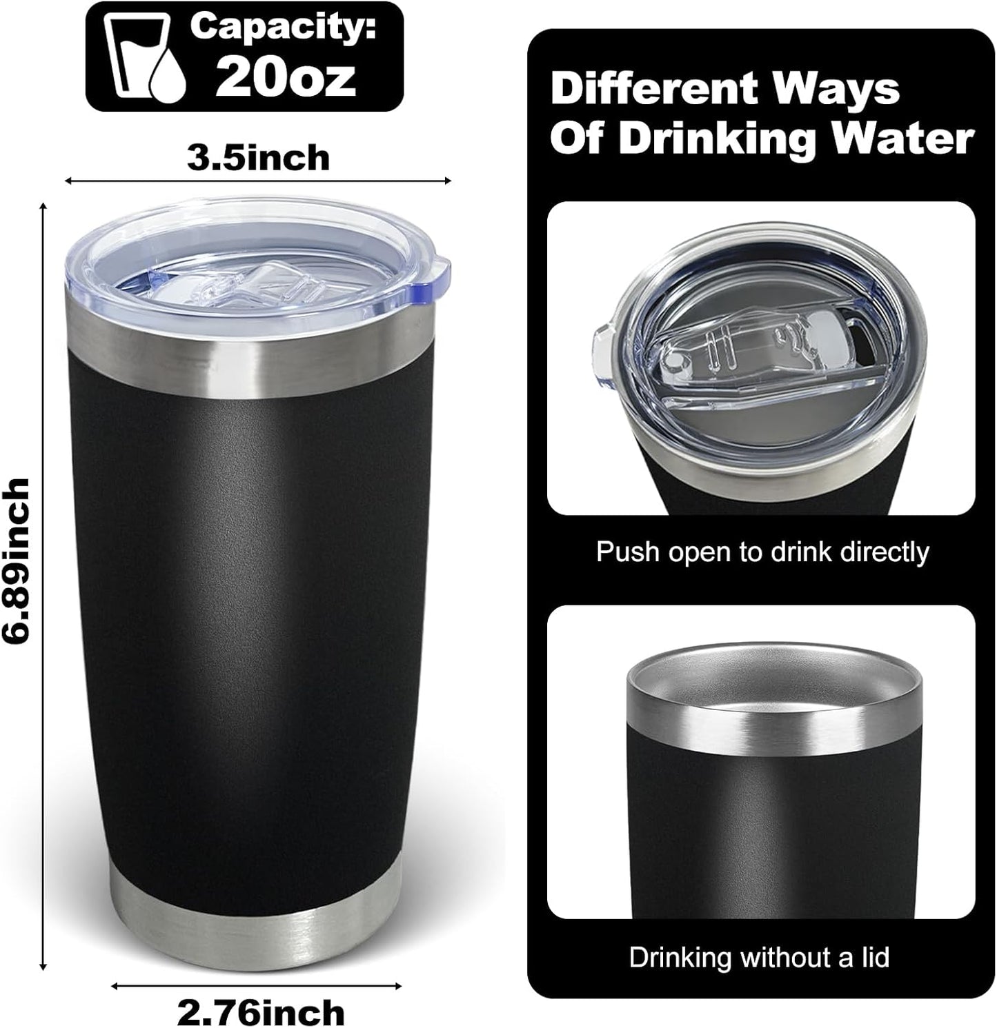 1 Pack 20oz Stainless Steel Tumbler with Lids, Durable Powder Coated Insulated Cup for Hot & Cold Drinks, Home Office Outdoor Gift Use (Black)