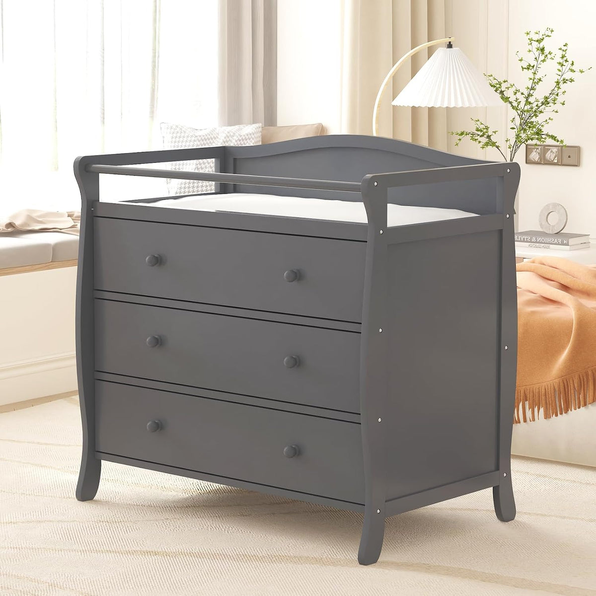 Wooden Diaper Changing Table,Baby Diaper Changing Station Infant Nursing Table with 3 Drawers, Safety Rail & Strap,Modern Baby Changing Table for Bedroom, Nursery