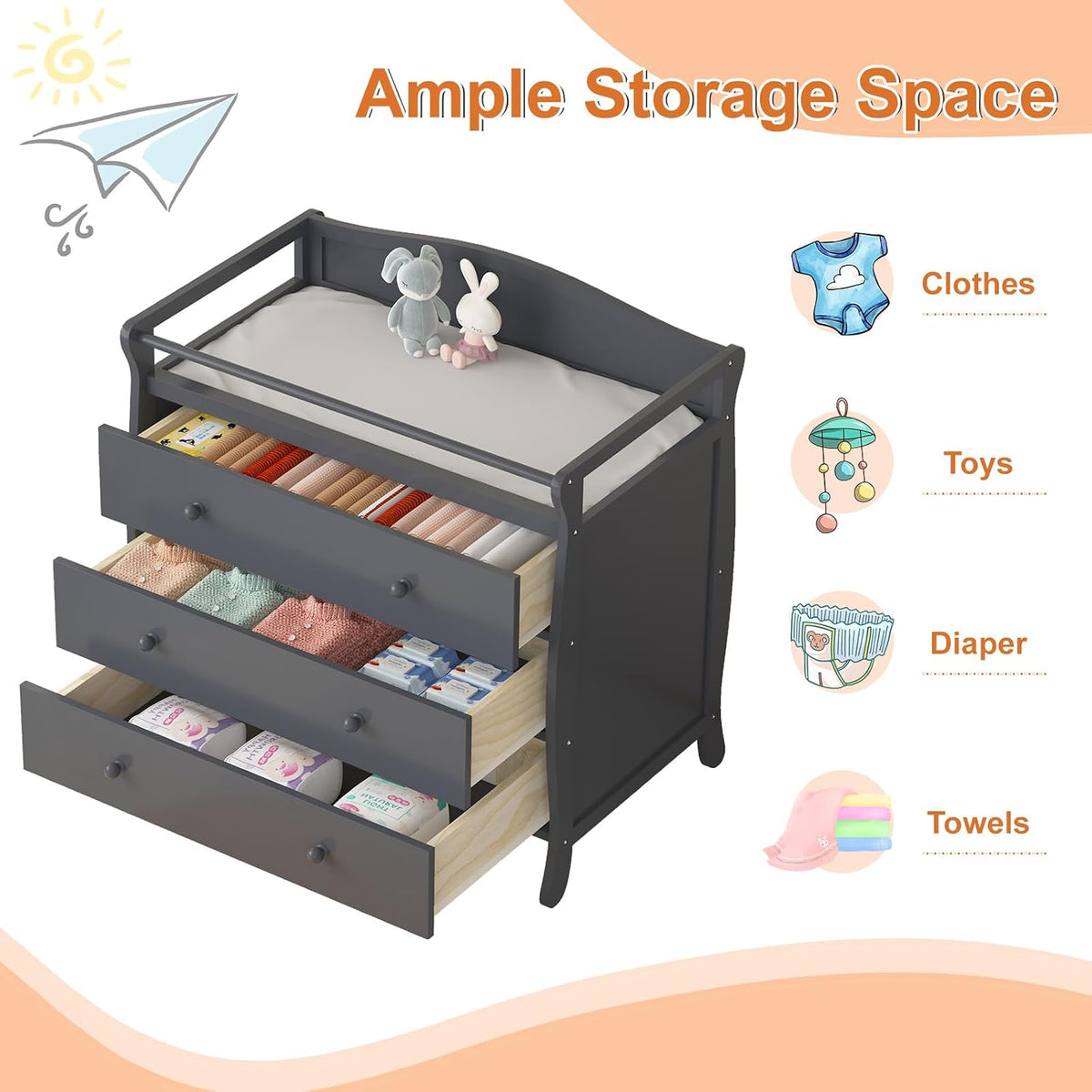 Wooden Diaper Changing Table,Baby Diaper Changing Station Infant Nursing Table with 3 Drawers, Safety Rail & Strap,Modern Baby Changing Table for Bedroom, Nursery