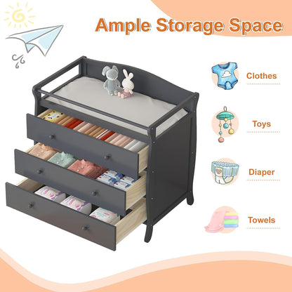 Wooden Diaper Changing Table,Baby Diaper Changing Station Infant Nursing Table with 3 Drawers, Safety Rail & Strap,Modern Baby Changing Table for Bedroom, Nursery