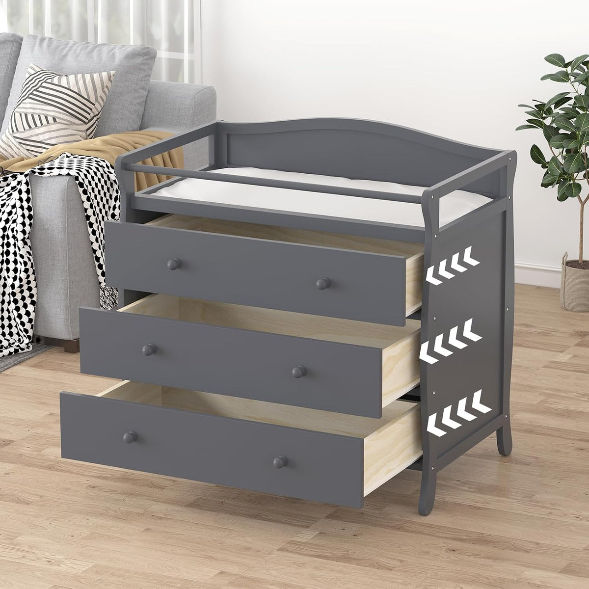 Wooden Diaper Changing Table,Baby Diaper Changing Station Infant Nursing Table with 3 Drawers, Safety Rail & Strap,Modern Baby Changing Table for Bedroom, Nursery