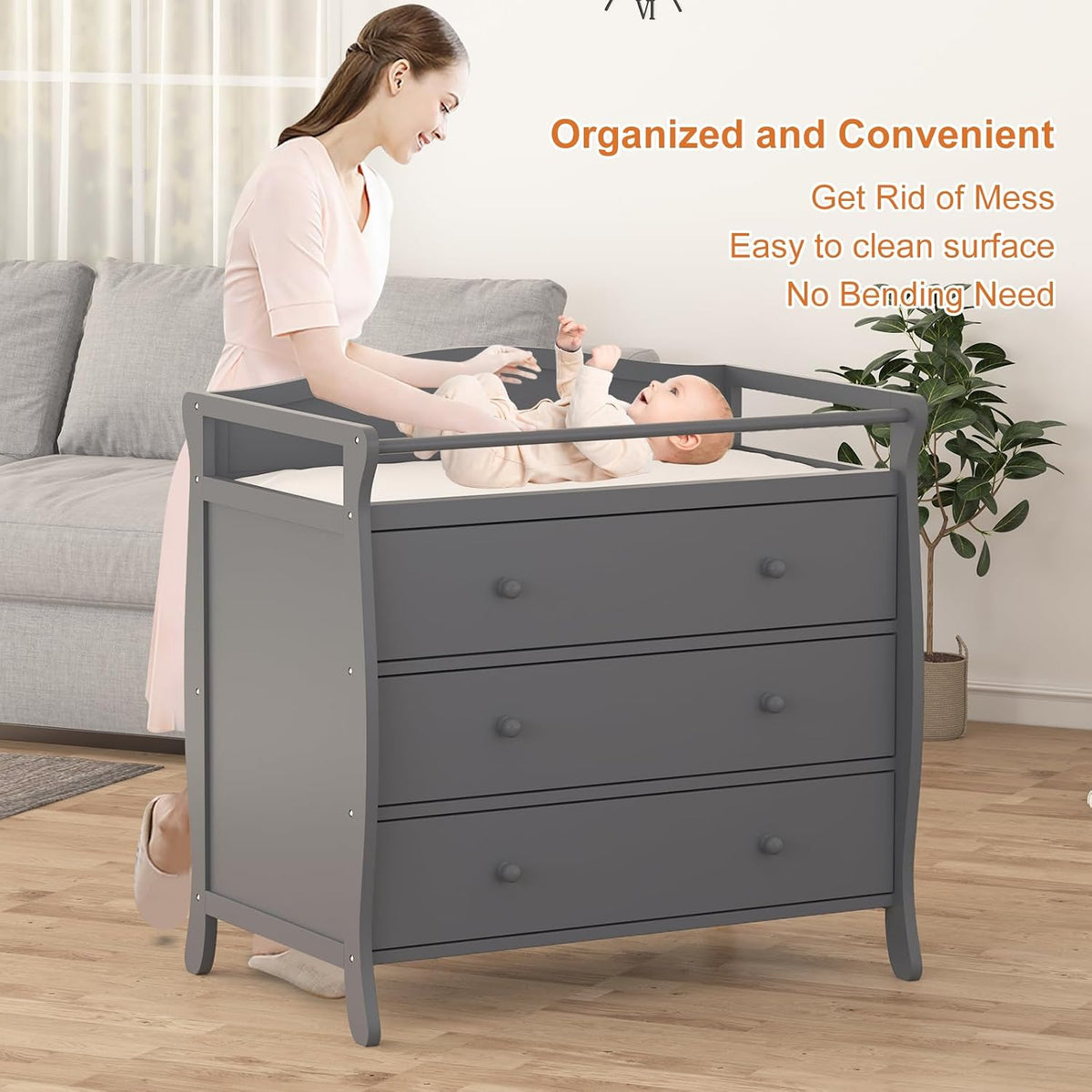 Wooden Diaper Changing Table,Baby Diaper Changing Station Infant Nursing Table with 3 Drawers, Safety Rail & Strap,Modern Baby Changing Table for Bedroom, Nursery