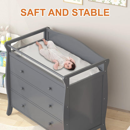 Wooden Diaper Changing Table,Baby Diaper Changing Station Infant Nursing Table with 3 Drawers, Safety Rail & Strap,Modern Baby Changing Table for Bedroom, Nursery