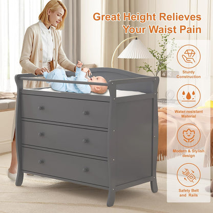 Wooden Diaper Changing Table,Baby Diaper Changing Station Infant Nursing Table with 3 Drawers, Safety Rail & Strap,Modern Baby Changing Table for Bedroom, Nursery
