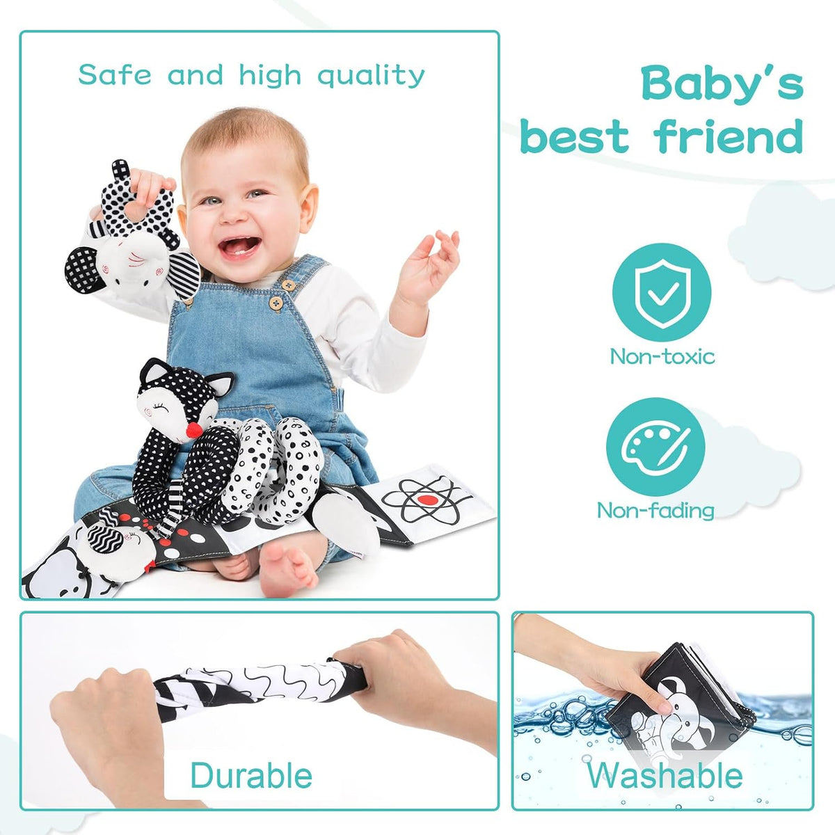 High Contrast Black and White Baby Toys 3-Piece Newborn Essentials Set with Hanging Toys,Rattle Crib Mobile,baby Book & Car Seat Stroller Toys for 0-3-6-12 Months Infant Development